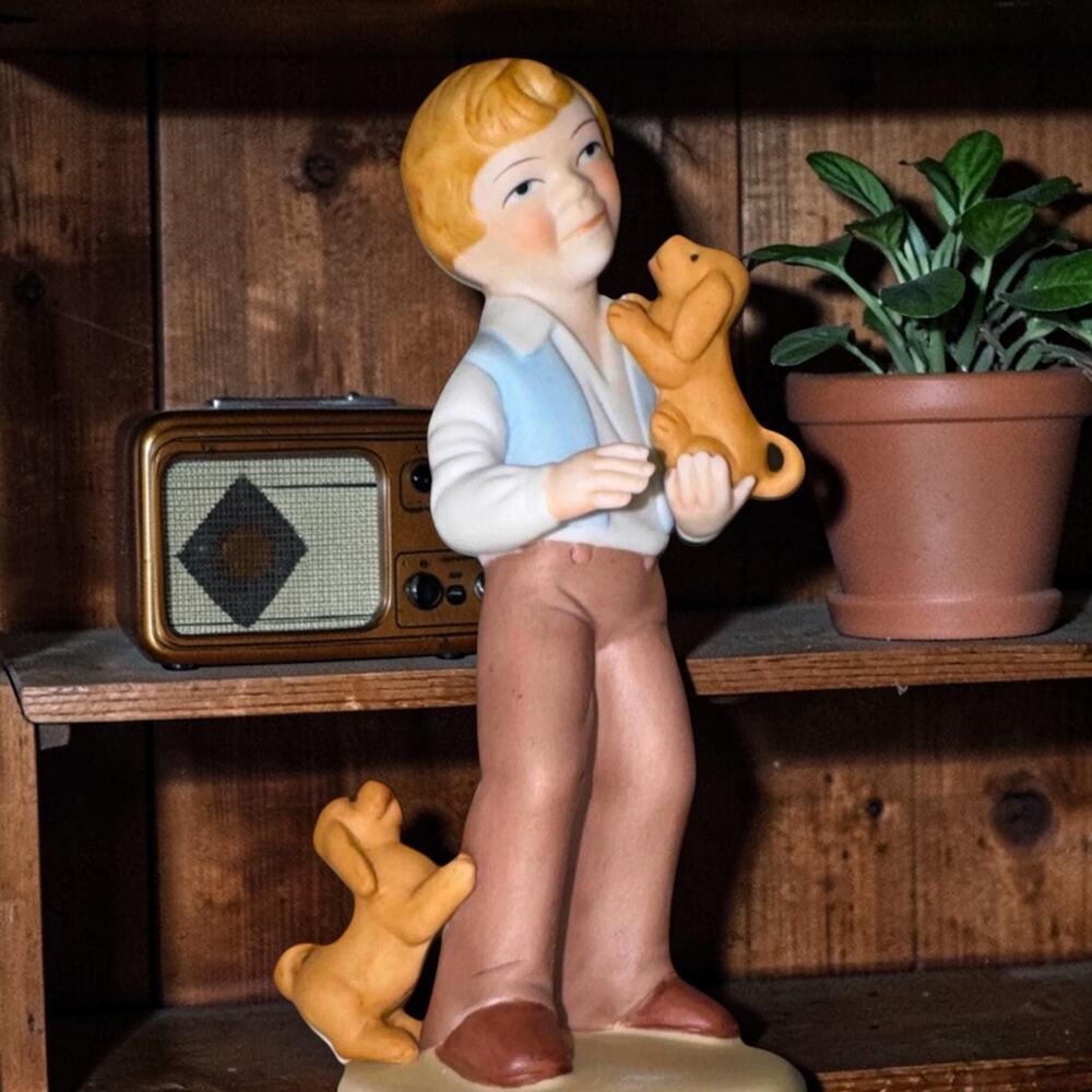 Vintage Ceramic Boy with Puppies Figurine, Collectible Dog Lover Gift